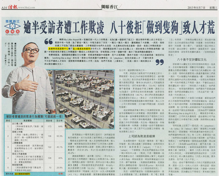 信報- 逾半受訪者遭工作欺凌八十後拒「做到隻狗」致人才荒