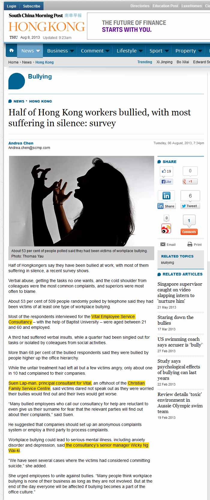 News clipping: SCMP - Half of Hong Kong workers bullied, with most suffering in silence: survey    