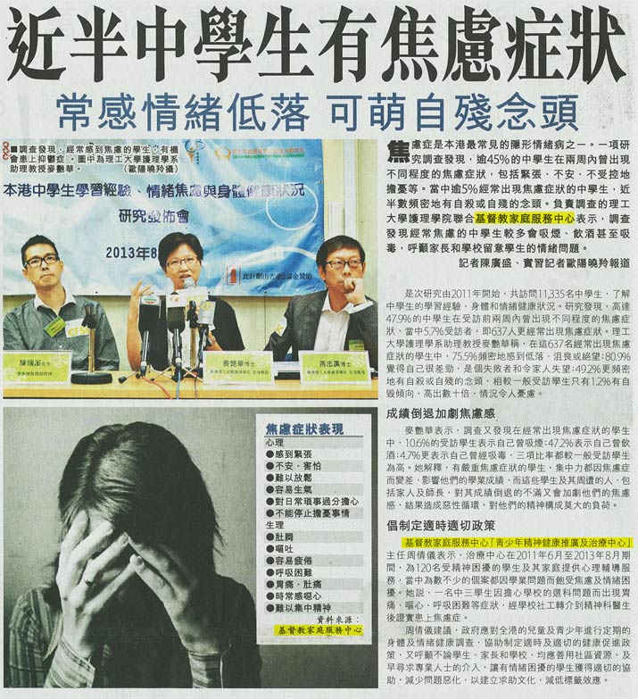 成報：近半中學生有焦慮症狀常感情緒低落 可萌自殘念頭