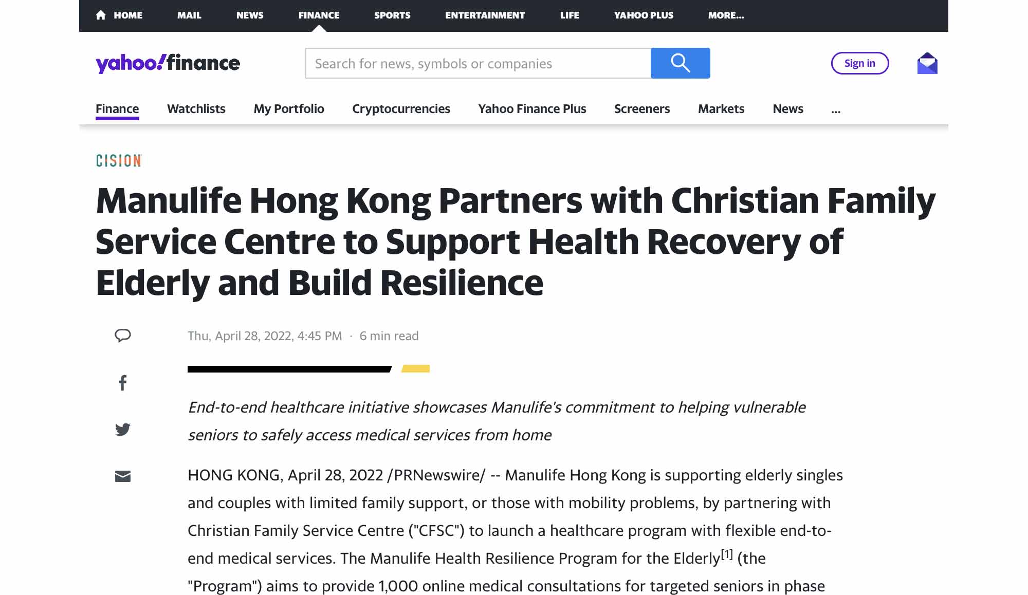 Cover Image - Yahoo! Finance - Manulife Hong Kong Partners with Christian Family Service Centre to Support Health Recovery of Elderly and Build Resilience