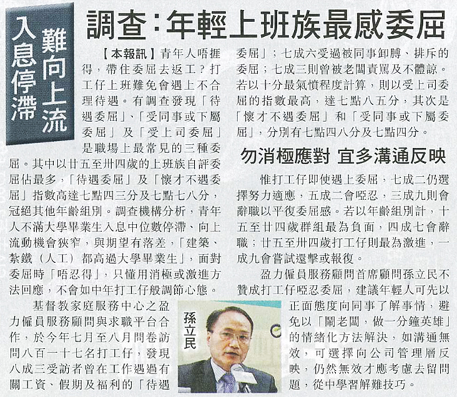 調查：年輕上班族最感委屈 